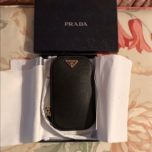 Black Leather Prada Phone Case Wallet Wristlet